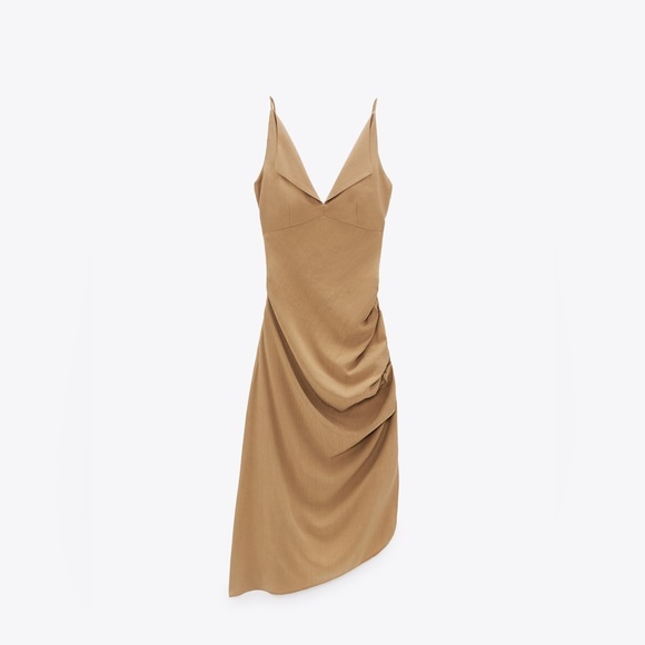 Zara Strappy Midi Neutral Dress with Draped Detail - Picture 2 of 15